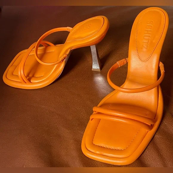 BNWT! SCHUTZ, AGATHA SANDAL, BRIGHT TANGERINE LEATHER 😻🧡🍊 - Picture 2 of 16